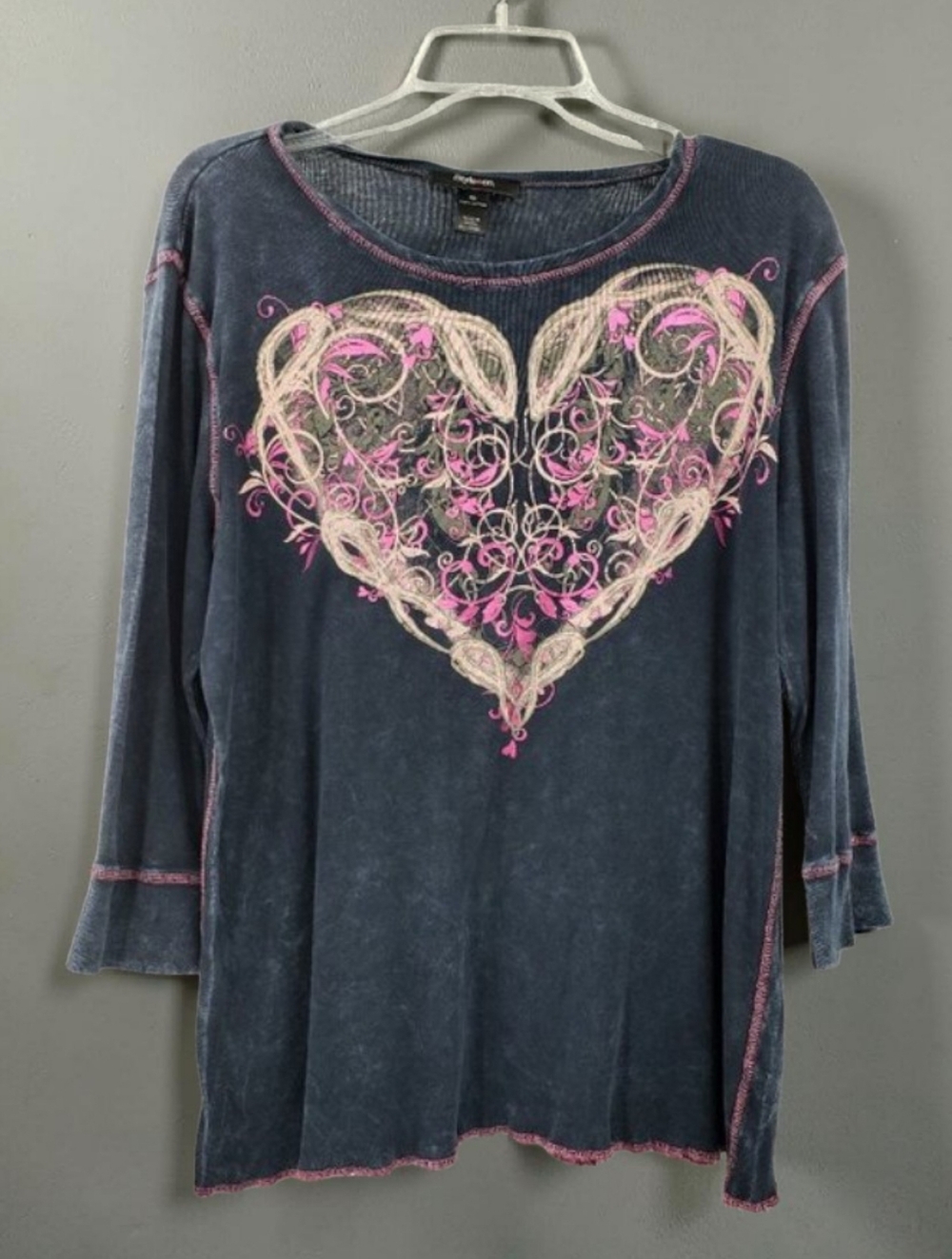 Style & Co. Long Sleeve Top Size XL Navy Mineral Wash Swirly Heart Dark Romantic